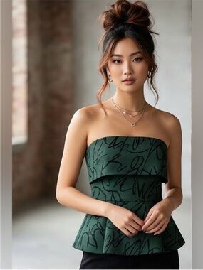 Tuckernuck Pine Twombly Adrienne Strapless Blouse Size Medium Peplum Abstract